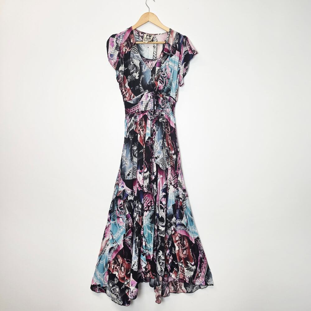 Jaase Patchwork Floral Midi Dress Sz Medium Multicolor Ruffle Sleeve Boho